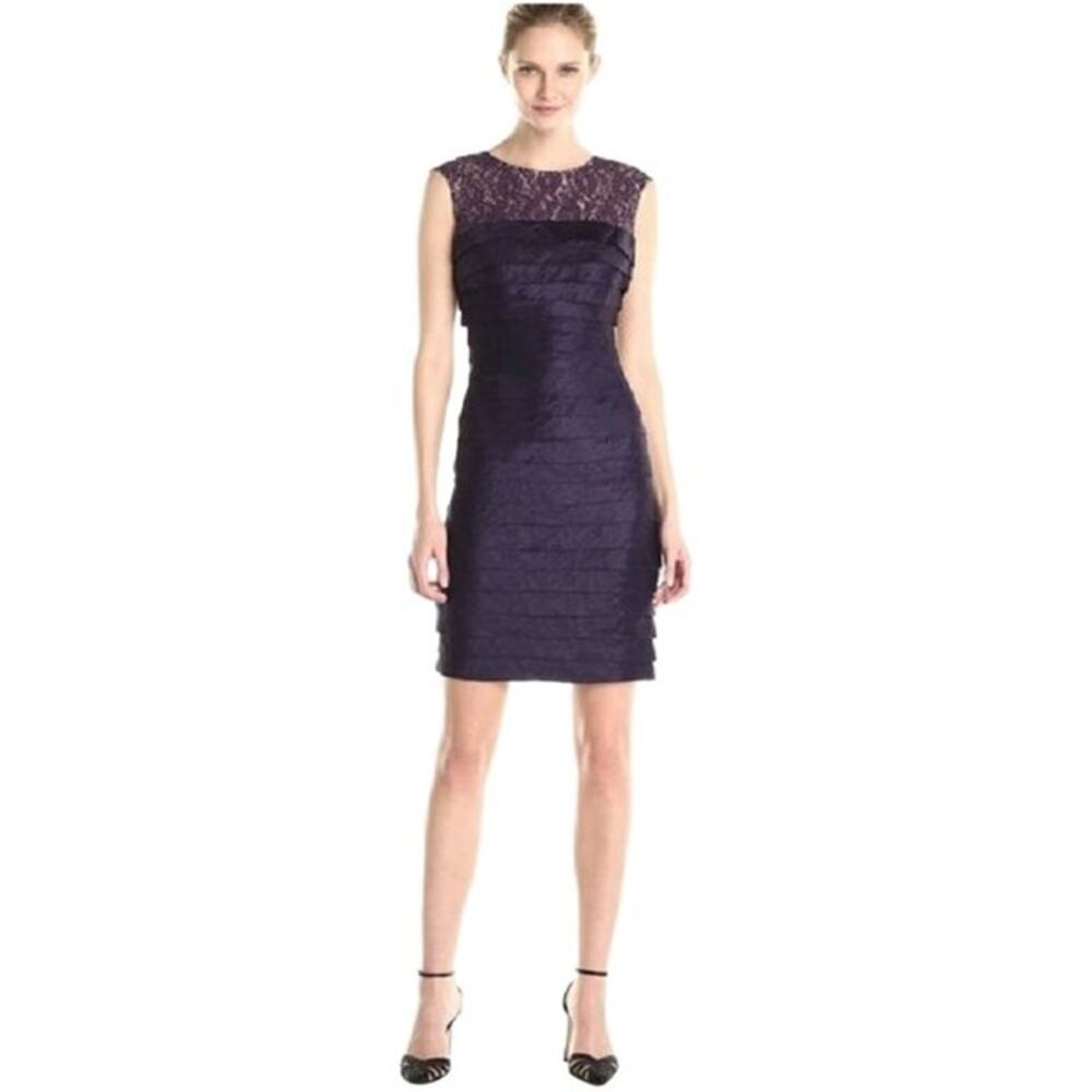 London Times Dark Purple Satin Cocktail Sheath Dress Sequin Shutter Women Sz 6
